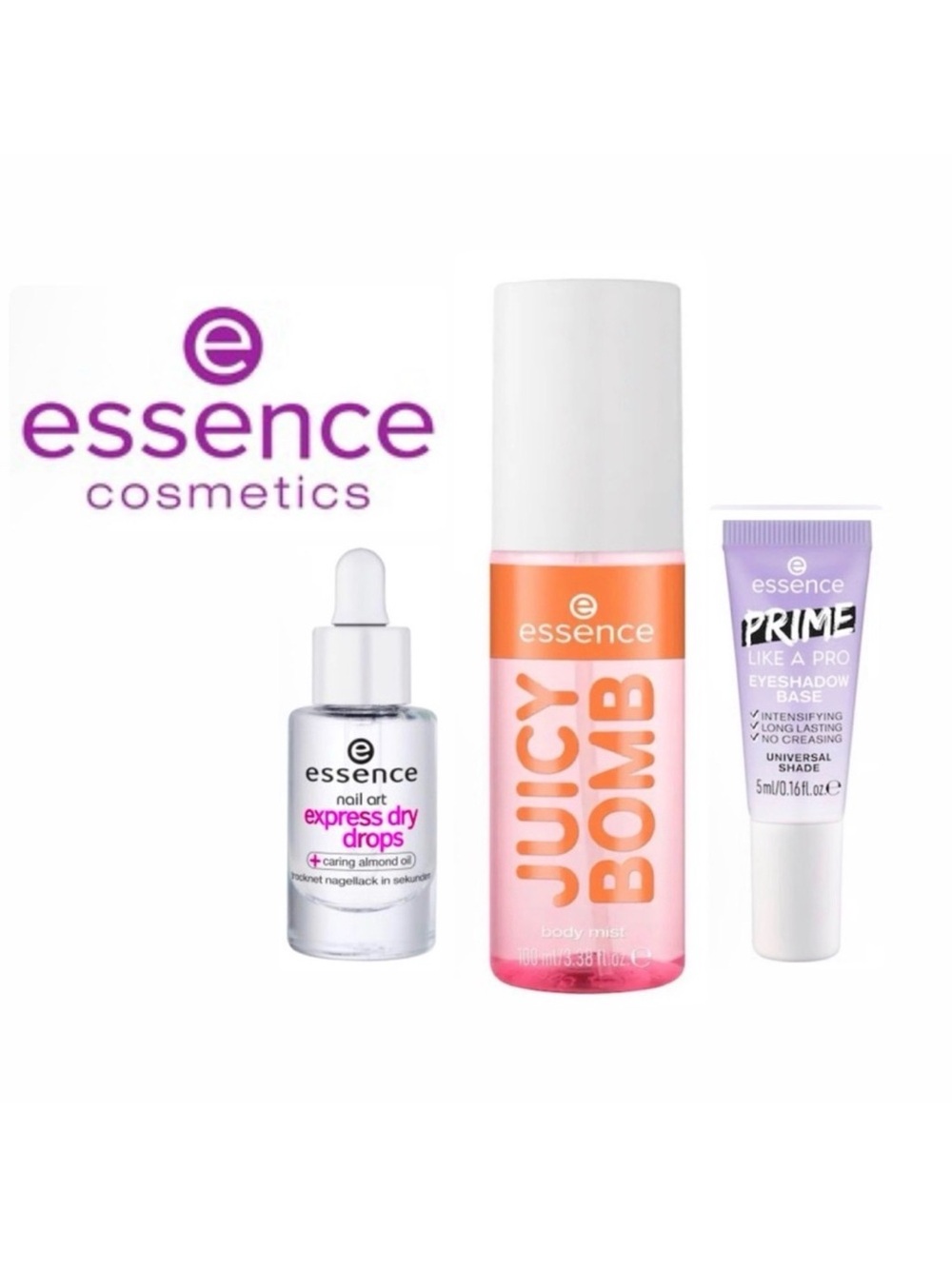 NEW! Essence Cosmetics Makeup Bundle - Nails, Body Spray, Eyeshadow Primer